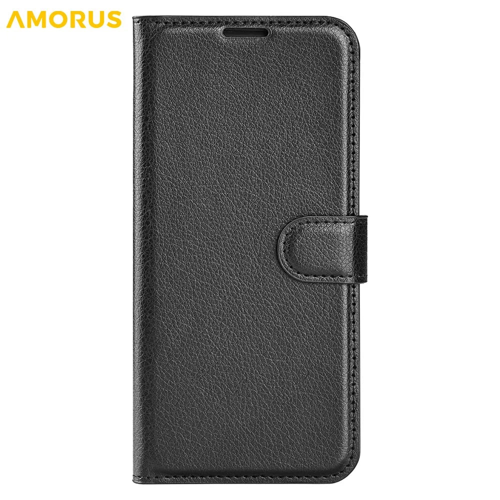 AMORUS For Samsung Galaxy A06 5G Wallet Case Litchi Texture Shockproof Leather Flip Stand Phone Cover - Black - 6