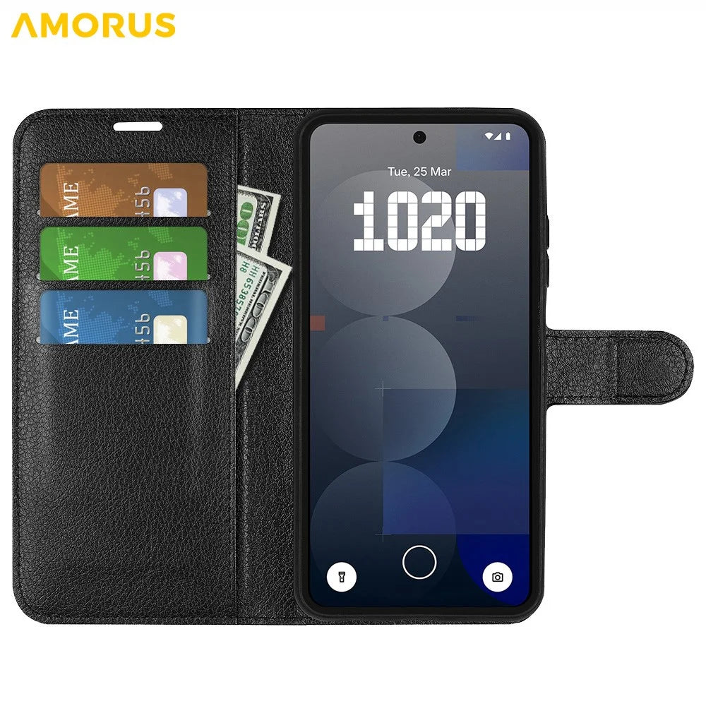 AMORUS For Nothing Phone (3a) Pro Wallet Case Litchi Texture Shockproof Leather Flip Stand Phone Cover - Black - 2