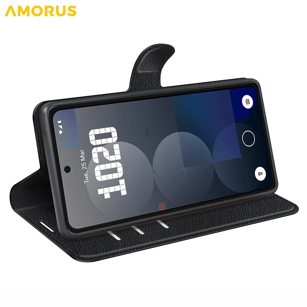 AMORUS For Nothing Phone (3a) Pro Wallet Case Litchi Texture Shockproof Leather Flip Stand Phone Cover - Black - 3