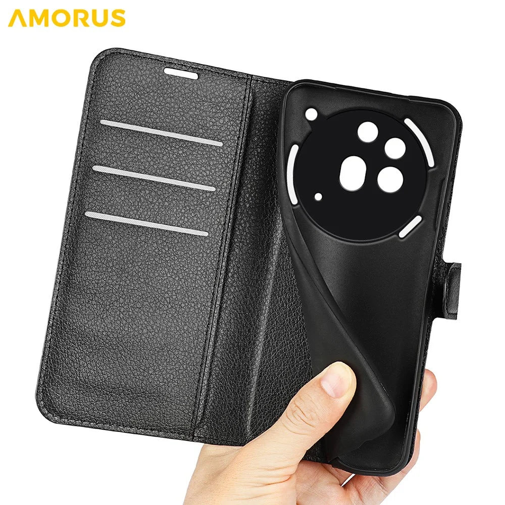 AMORUS For Nothing Phone (3a) Pro Wallet Case Litchi Texture Shockproof Leather Flip Stand Phone Cover - Black - 5