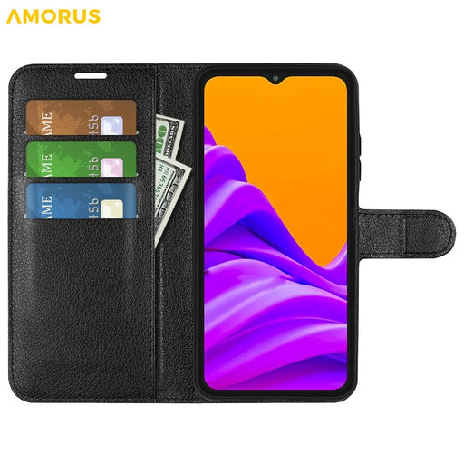 AMORUS For Samsung Galaxy XCover7 Pro Wallet Case Litchi Texture Shockproof Leather Flip Stand Phone Cover - Black - 2