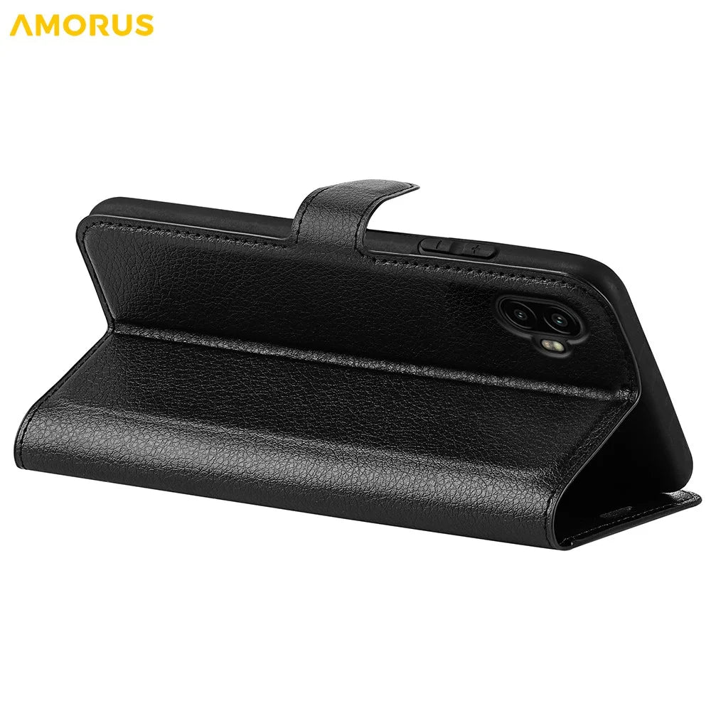 AMORUS For Samsung Galaxy XCover7 Pro Wallet Case Litchi Texture Shockproof Leather Flip Stand Phone Cover - Black - 4