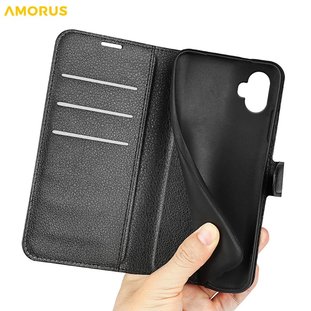 AMORUS For Samsung Galaxy XCover7 Pro Wallet Case Litchi Texture Shockproof Leather Flip Stand Phone Cover - Black - 5