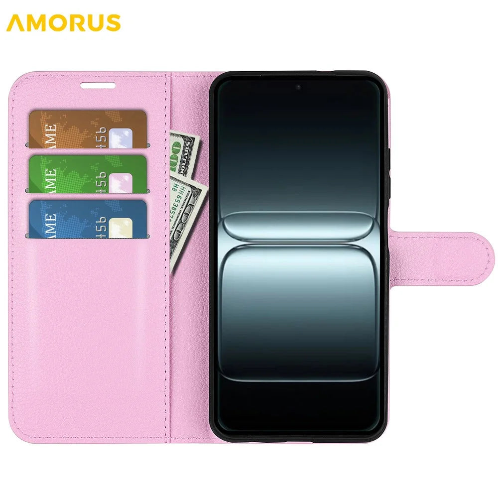 AMORUS For OnePlus 13T 5G Wallet Case Litchi Texture Shockproof Leather Flip Stand Phone Cover - Pink - 2