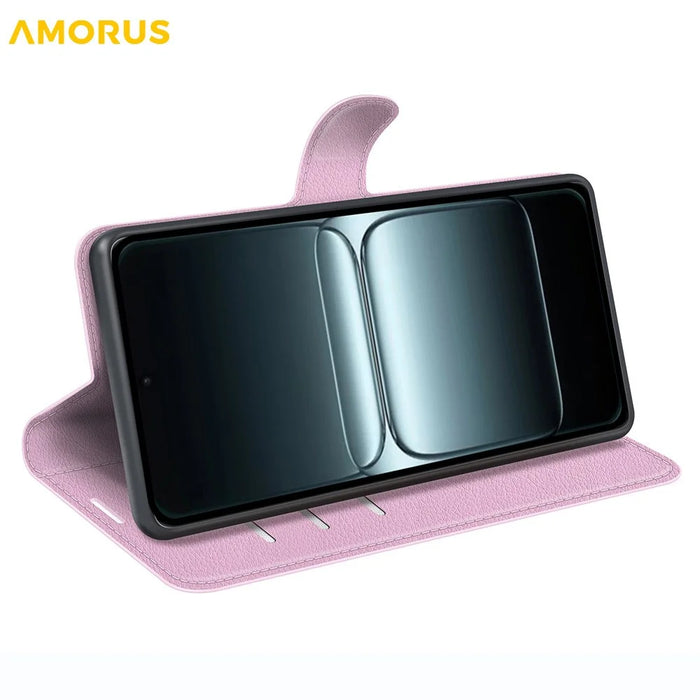 AMORUS For OnePlus 13T 5G Wallet Case Litchi Texture Shockproof Leather Flip Stand Phone Cover - Pink - 3