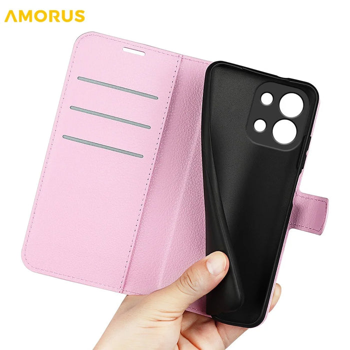 AMORUS For OnePlus 13T 5G Wallet Case Litchi Texture Shockproof Leather Flip Stand Phone Cover - Pink - 4