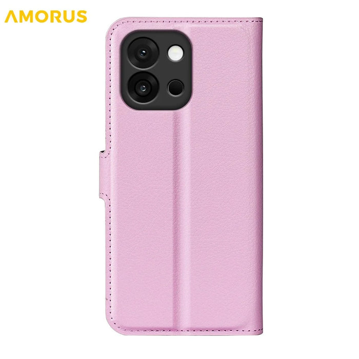 AMORUS For OnePlus 13T 5G Wallet Case Litchi Texture Shockproof Leather Flip Stand Phone Cover - Pink - 6