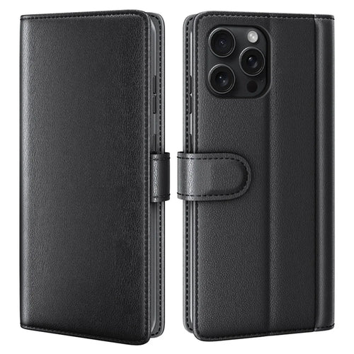 AMORUS For iPhone 16 Pro Stand Cases Calf Texture Genuine Split Leather Wallet Phone Cover - Black - 1