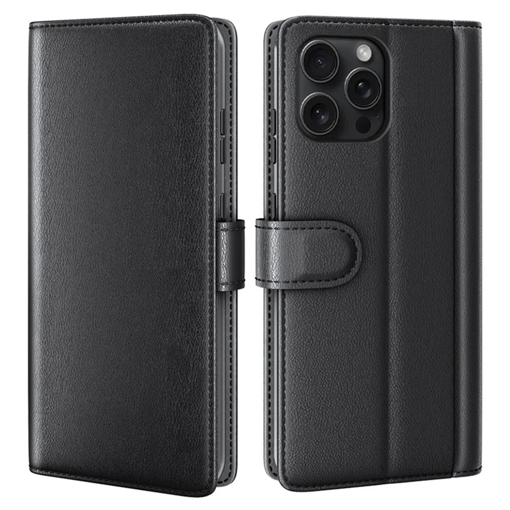 AMORUS For iPhone 16 Pro Max Stand Cases Calf Texture Genuine Split Leather Wallet Phone Cover - Black - 1