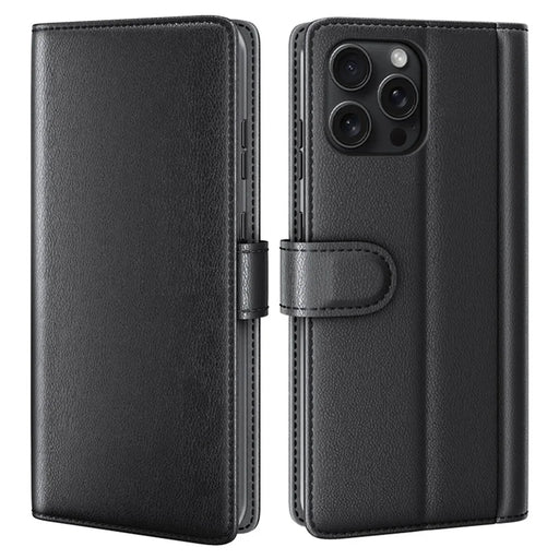 AMORUS For iPhone 16 Pro Max Stand Cases Calf Texture Genuine Split Leather Wallet Phone Cover - Black - 1
