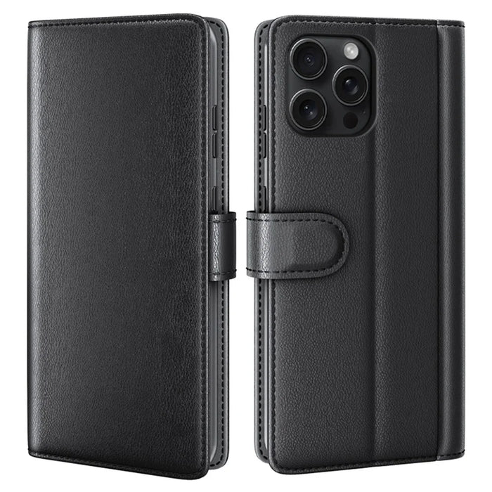 AMORUS For iPhone 16 Pro Max Stand Cases Calf Texture Genuine Split Leather Wallet Phone Cover - Black - 1