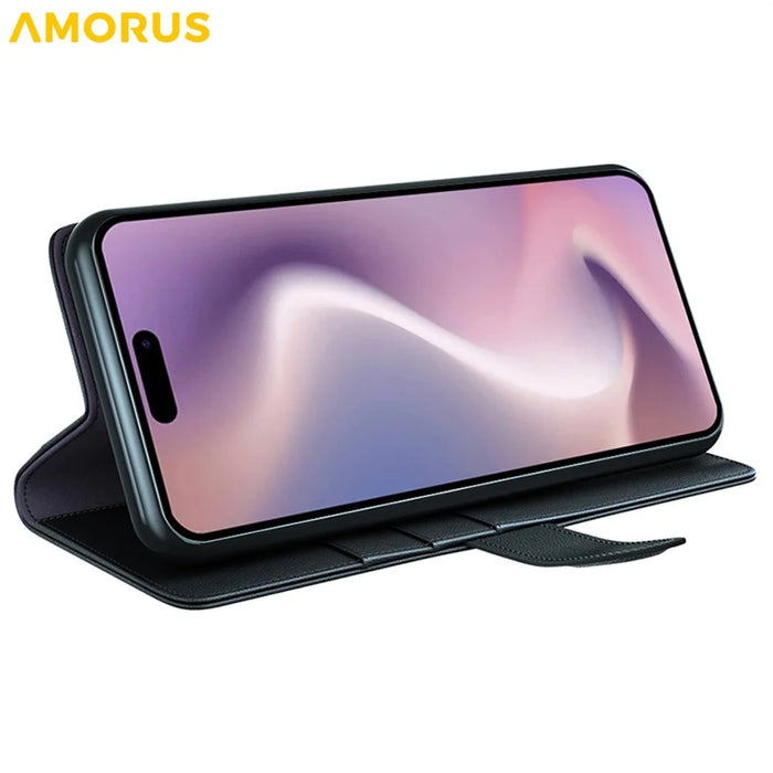 AMORUS For iPhone 16 Pro Max Stand Cases Calf Texture Genuine Split Leather Wallet Phone Cover - Black - 3