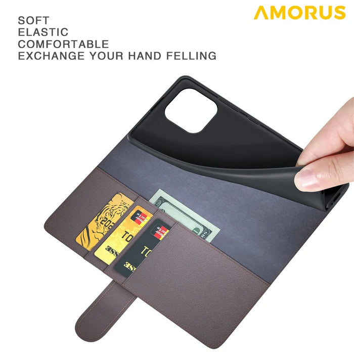 AMORUS For iPhone 16 Pro Max Stand Cases Calf Texture Genuine Split Leather Wallet Phone Cover - Black - 5