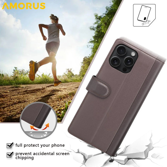 AMORUS For iPhone 16 Pro Max Stand Cases Calf Texture Genuine Split Leather Wallet Phone Cover - Black - 6