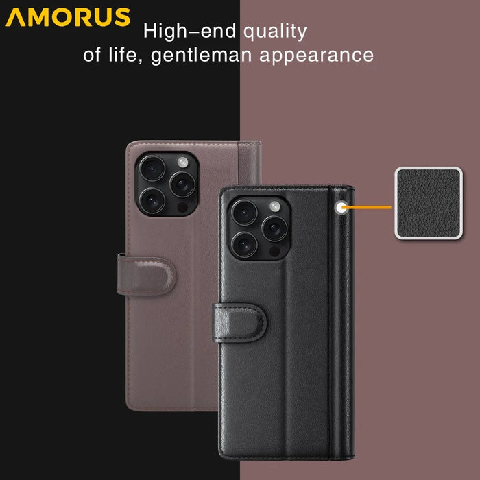 AMORUS For iPhone 16 Pro Max Stand Cases Calf Texture Genuine Split Leather Wallet Phone Cover - Black - 7