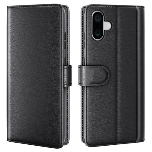 AMORUS For iPhone 16 Stand Cases Calf Texture Genuine Split Leather Wallet Phone Cover - Black - 1