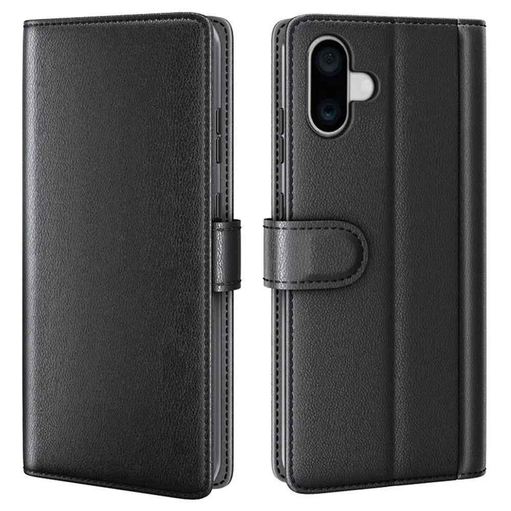 AMORUS For iPhone 16 Stand Cases Calf Texture Genuine Split Leather Wallet Phone Cover - Black - 1