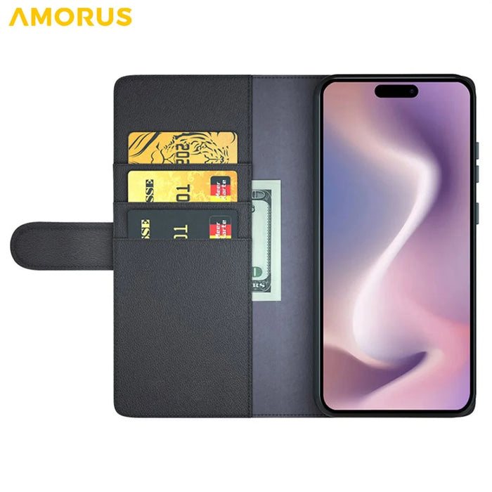 AMORUS For iPhone 16 Stand Cases Calf Texture Genuine Split Leather Wallet Phone Cover - Black - 2