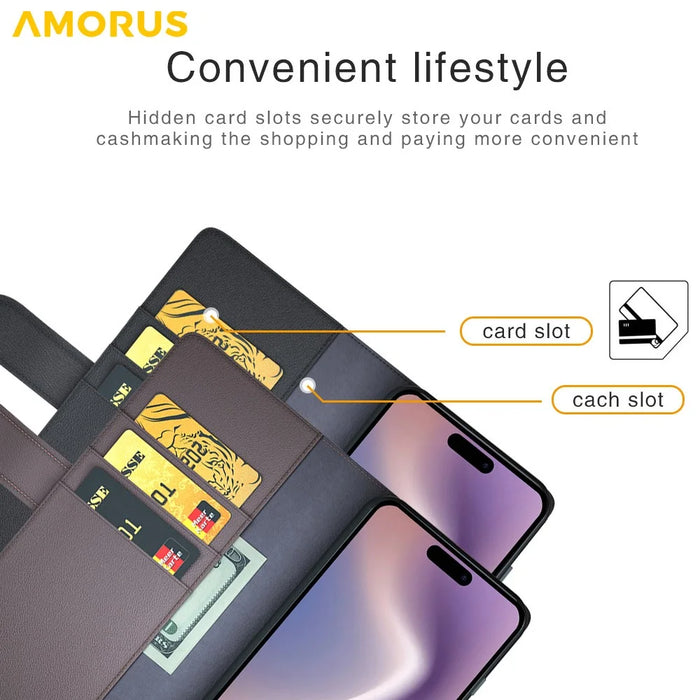 AMORUS For iPhone 16 Stand Cases Calf Texture Genuine Split Leather Wallet Phone Cover - Black - 4