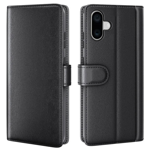 AMORUS For iPhone 16 Plus Stand Cases Calf Texture Genuine Split Leather Wallet Phone Cover - Black - 1