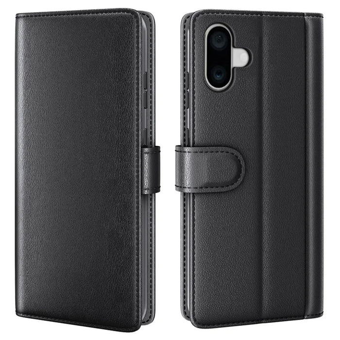 AMORUS For iPhone 16 Plus Stand Cases Calf Texture Genuine Split Leather Wallet Phone Cover - Black - 1