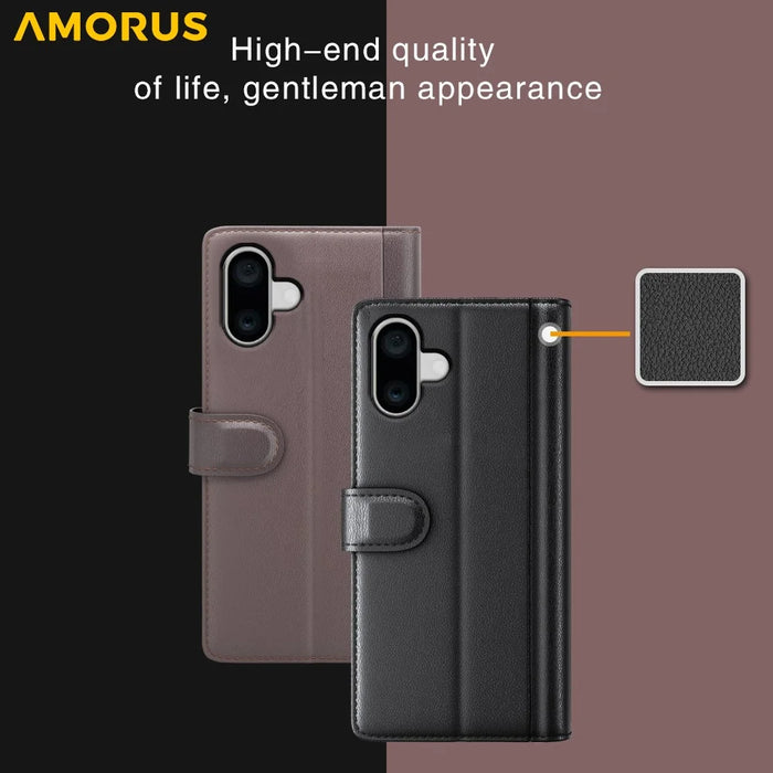 AMORUS For iPhone 16 Plus Stand Cases Calf Texture Genuine Split Leather Wallet Phone Cover - Black - 5