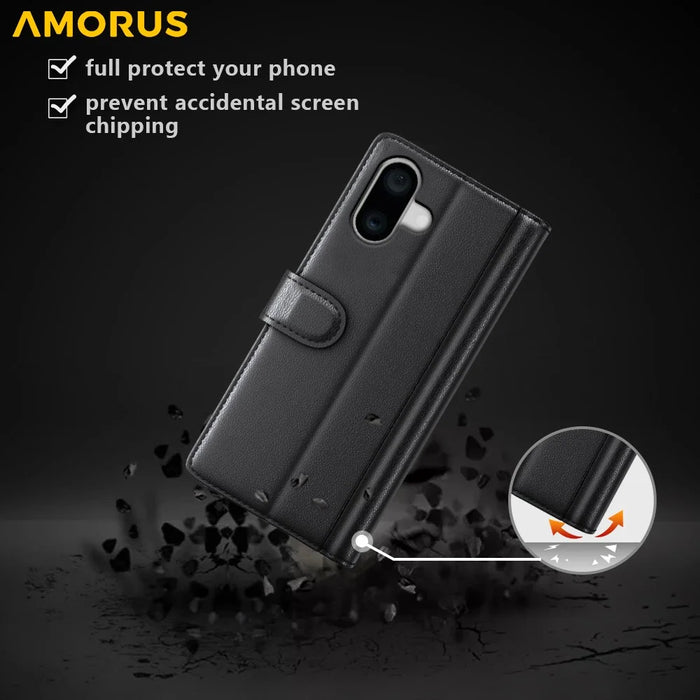 AMORUS For iPhone 16 Plus Stand Cases Calf Texture Genuine Split Leather Wallet Phone Cover - Black - 6