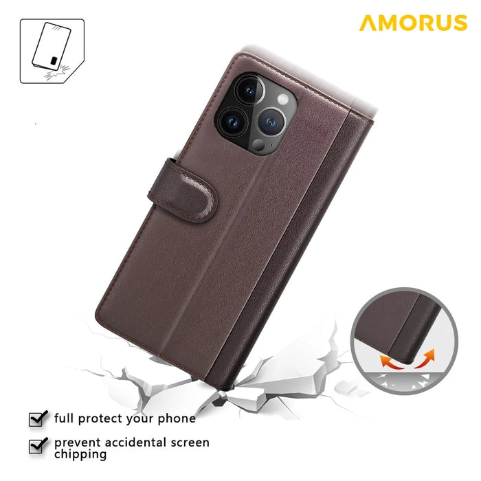 AMORUS For iPhone 15 Pro Max Stand Cases Calf Texture Genuine Split Leather Wallet Phone Cover - Brown - 4