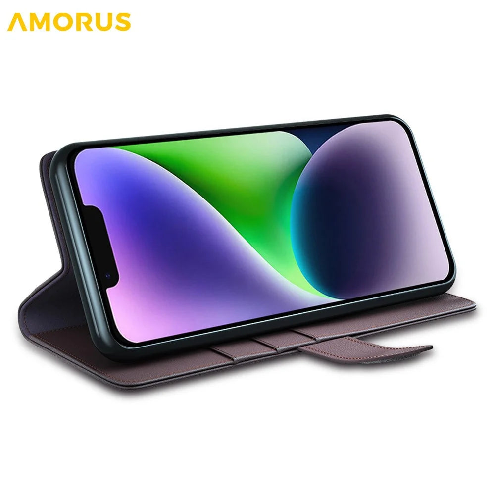 AMORUS For iPhone 15 Stand Cases Calf Texture Genuine Split Leather Wallet Phone Cover - Brown - 3