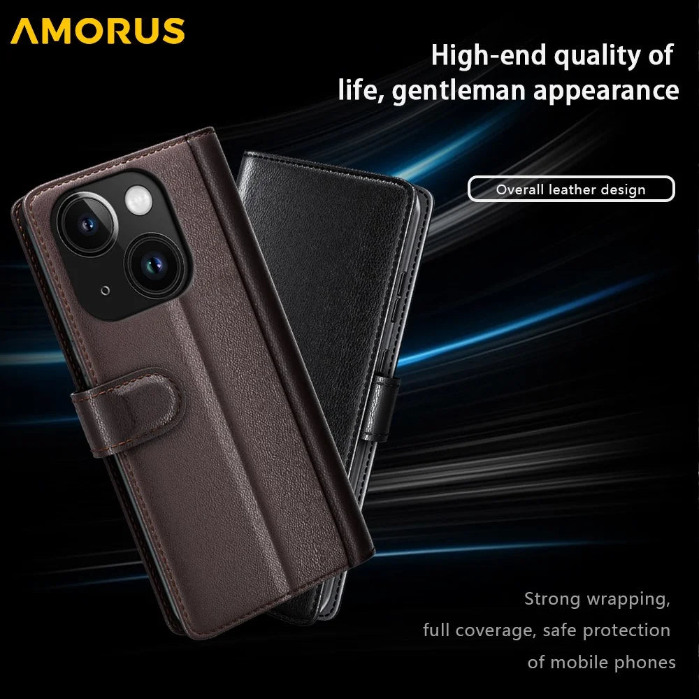 AMORUS For iPhone 15 Stand Cases Calf Texture Genuine Split Leather Wallet Phone Cover - Brown - 6