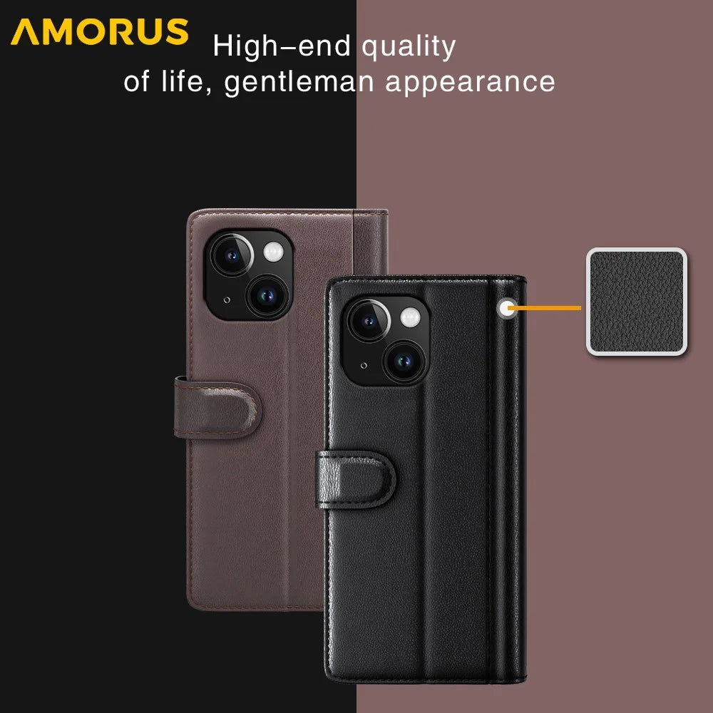 AMORUS For iPhone 15 Stand Cases Calf Texture Genuine Split Leather Wallet Phone Cover - Brown - 7
