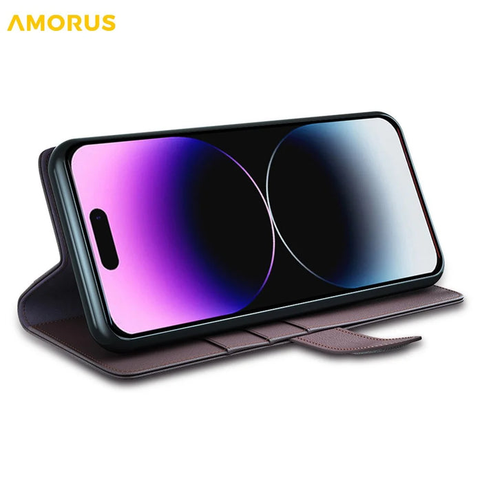 AMORUS For iPhone 14 Pro Stand Cases Calf Texture Genuine Split Leather Wallet Phone Cover - Brown - 3