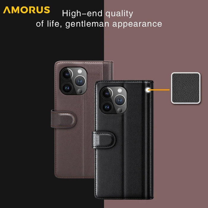 AMORUS For iPhone 14 Pro Stand Cases Calf Texture Genuine Split Leather Wallet Phone Cover - Brown - 7