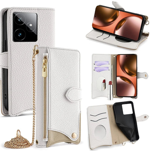 For Realme GT 7 5G Leather Case Wallet Stand Cover Irregular Tail Style with Chain Strap - White - 1