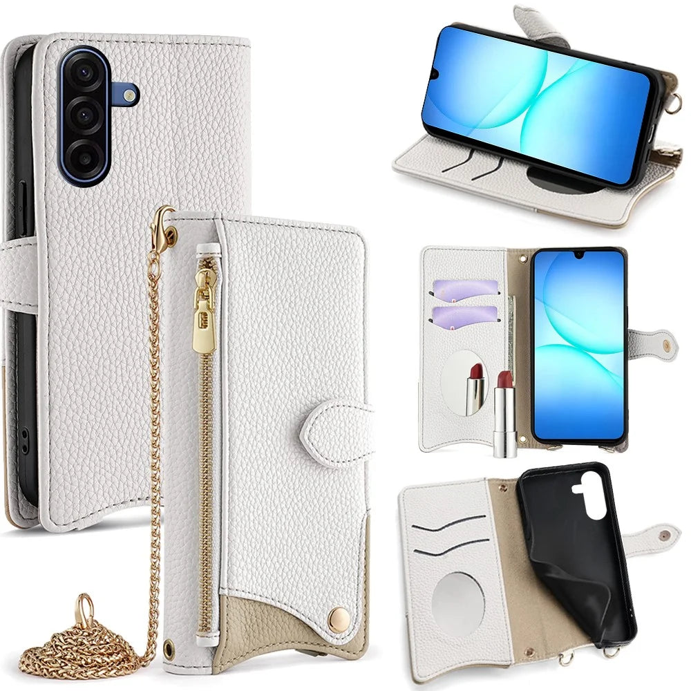 For Samsung Galaxy A18 5G / A18 4G / A17 5G / A17 4G Leather Case Wallet Stand Cover Irregular Tail Style with Chain Strap - White - 1