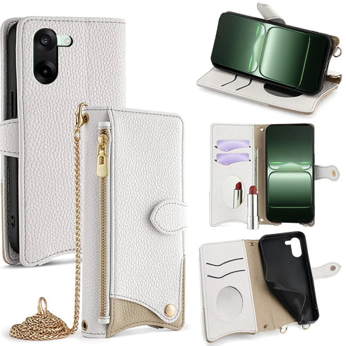 For OnePlus Nord CE5 5G / Ace 5 Racing 5G Leather Case Wallet Stand Cover Irregular Tail Style with Chain Strap - White - 1