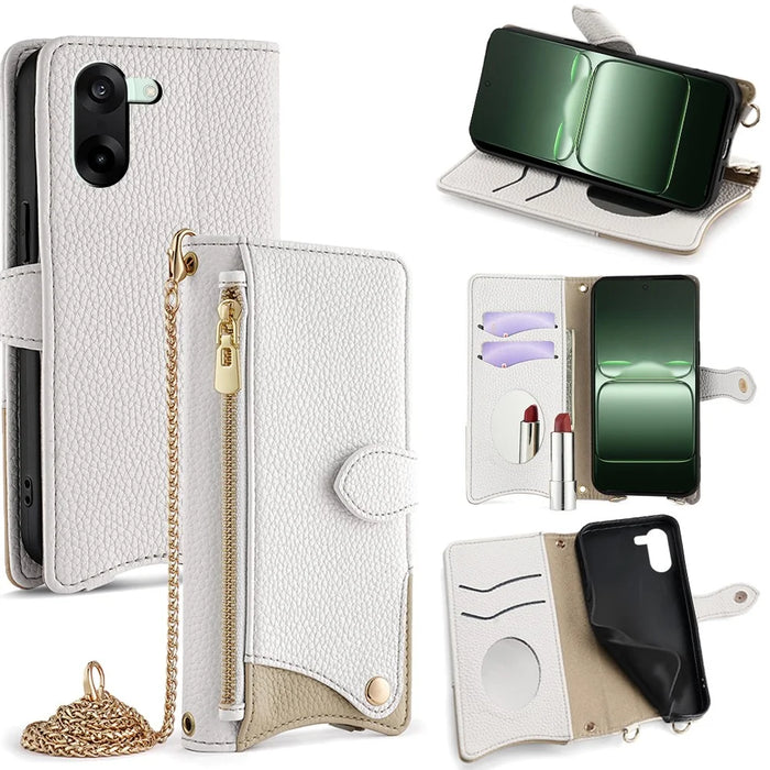 For OnePlus Nord CE5 5G / Ace 5 Racing 5G Leather Case Wallet Stand Cover Irregular Tail Style with Chain Strap - White - 1