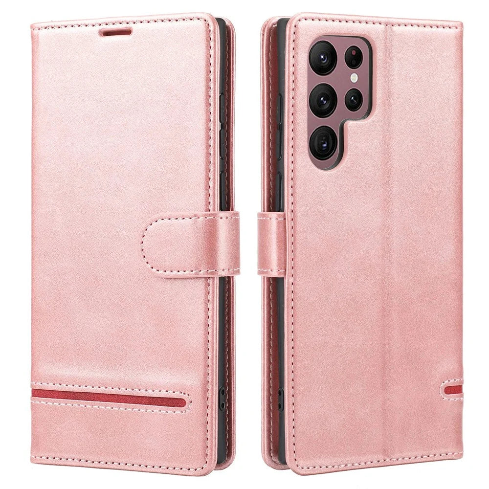 Anti-drop Phone Cover For Samsung Galaxy S23 Ultra, Splicing Flip Leather Case Wallet Stand with Magnetic Closing Clasp - Pink - 1