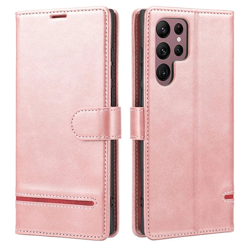 Anti-drop Phone Cover For Samsung Galaxy S23 Ultra, Splicing Flip Leather Case Wallet Stand with Magnetic Closing Clasp - Pink - 1