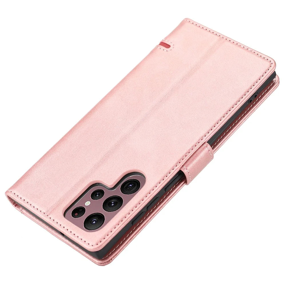 Anti-drop Phone Cover For Samsung Galaxy S23 Ultra, Splicing Flip Leather Case Wallet Stand with Magnetic Closing Clasp - Pink - 3