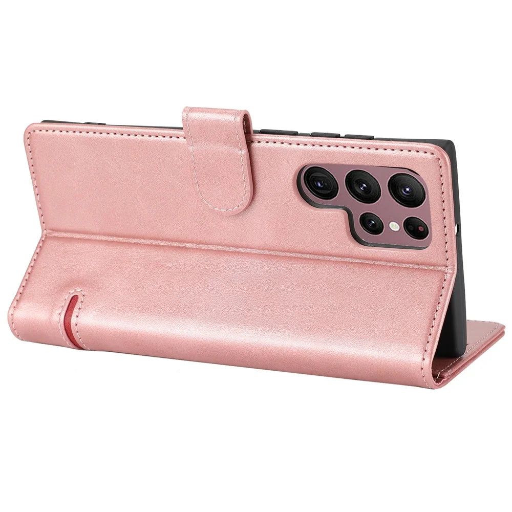Anti-drop Phone Cover For Samsung Galaxy S23 Ultra, Splicing Flip Leather Case Wallet Stand with Magnetic Closing Clasp - Pink - 5