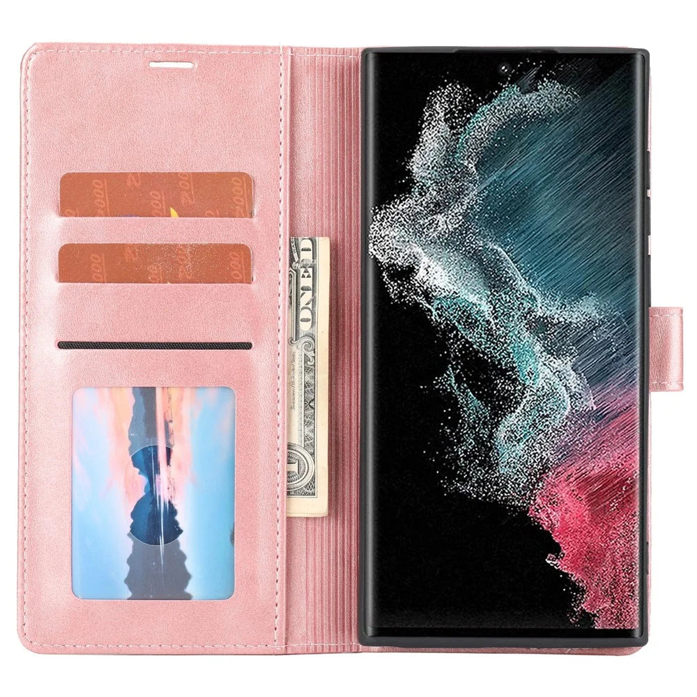 Anti-drop Phone Cover For Samsung Galaxy S23 Ultra, Splicing Flip Leather Case Wallet Stand with Magnetic Closing Clasp - Pink - 6