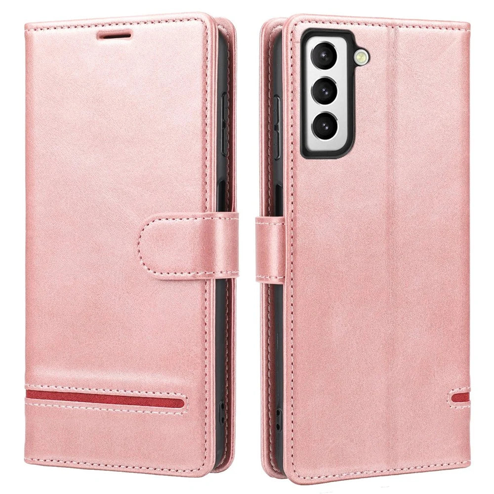 Magnetic Closing Clasp Phone Cover For Samsung Galaxy S23, Splicing PU Leather Full Protection Cell Phone Case Wallet Stand - Pink - 1