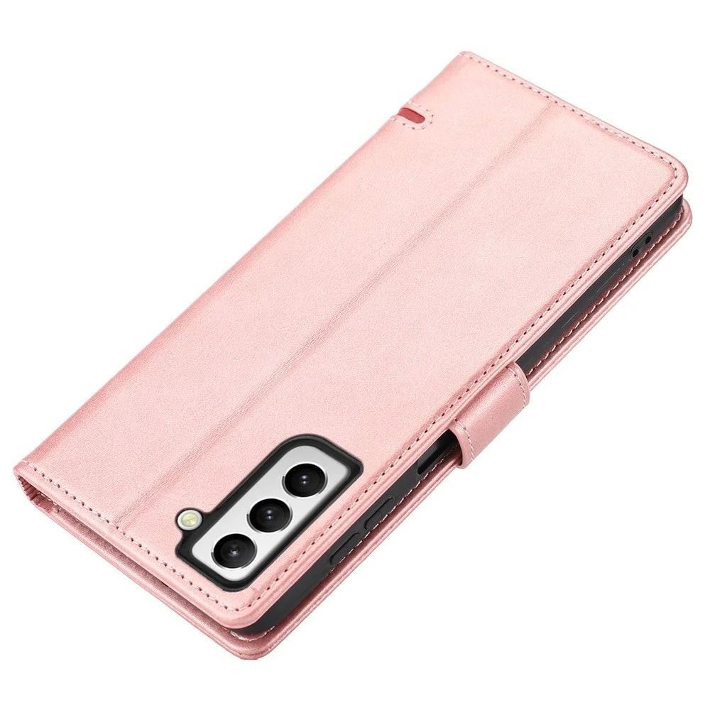 Magnetic Closing Clasp Phone Cover For Samsung Galaxy S23, Splicing PU Leather Full Protection Cell Phone Case Wallet Stand - Pink - 4