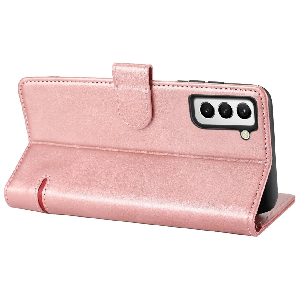 Magnetic Closing Clasp Phone Cover For Samsung Galaxy S23, Splicing PU Leather Full Protection Cell Phone Case Wallet Stand - Pink - 6