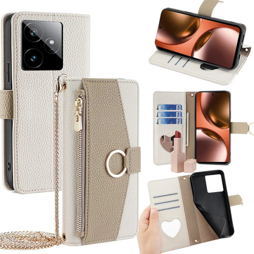 For Realme GT 7 5G Case Mirror Wallet Leather Phone Cover with Chain Shoulder Strap - White - 1