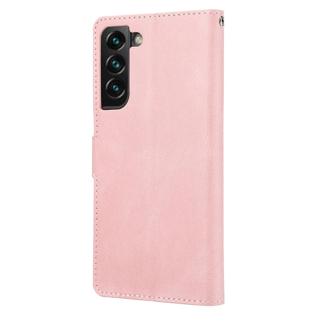 Shockproof Phone Case For Samsung Galaxy S23, PU Leather Flip Wallet Stand Magnetic Closure Smartphone Cover with Strap - Pink - 3