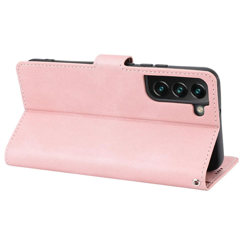 Shockproof Phone Case For Samsung Galaxy S23, PU Leather Flip Wallet Stand Magnetic Closure Smartphone Cover with Strap - Pink - 4