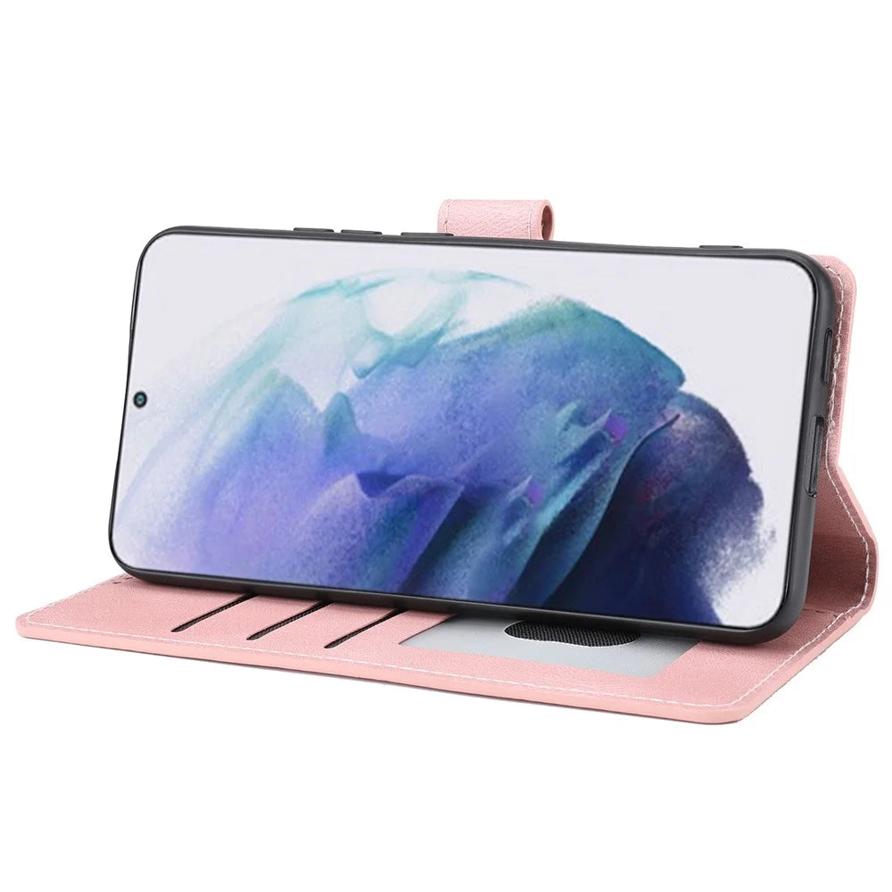 Shockproof Phone Case For Samsung Galaxy S23, PU Leather Flip Wallet Stand Magnetic Closure Smartphone Cover with Strap - Pink - 5