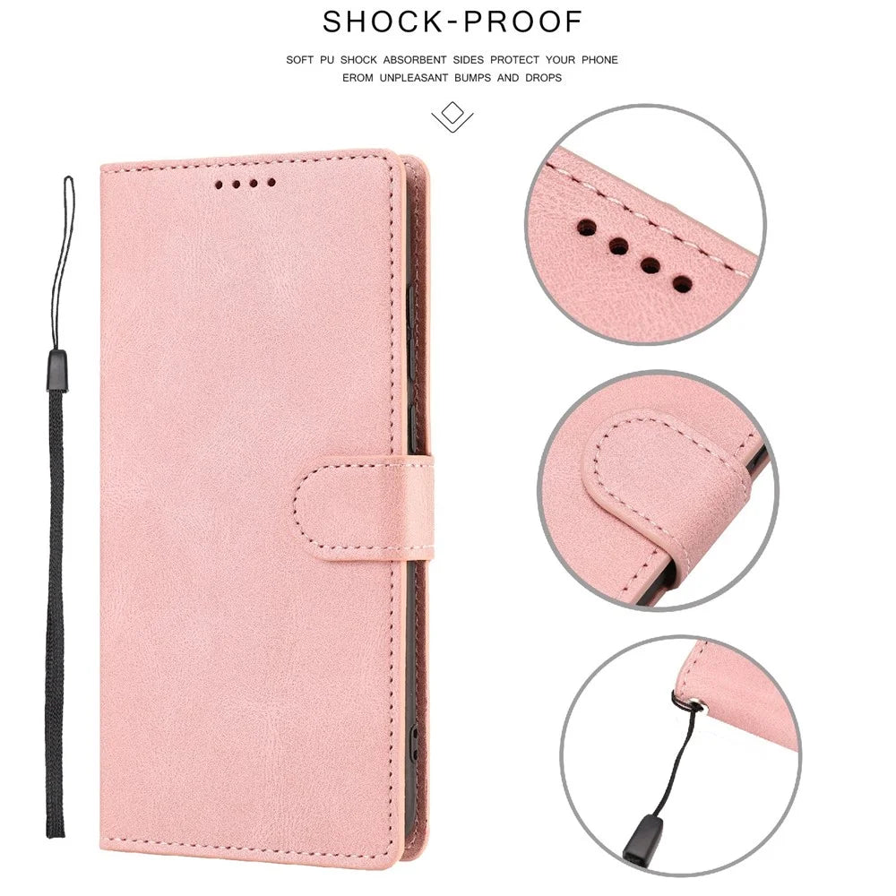 Shockproof Phone Case For Samsung Galaxy S23, PU Leather Flip Wallet Stand Magnetic Closure Smartphone Cover with Strap - Pink - 7